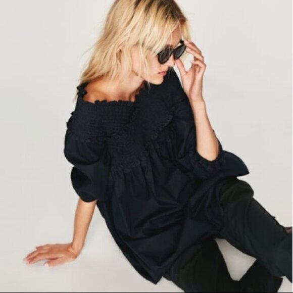 Zara Off The Shoulder Smocked Bodice Cotton Poplin Mini Dress in Black M EUC - Picture 6 of 15
